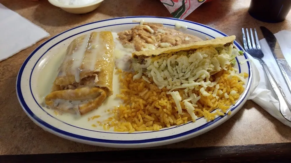 6 Chicken Chimichanga and Beef Taco with Rice and Beans