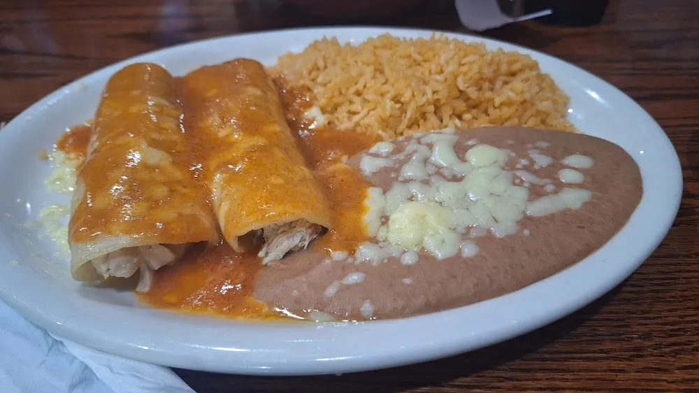 Chicken Enchiladas with Rice and Beans